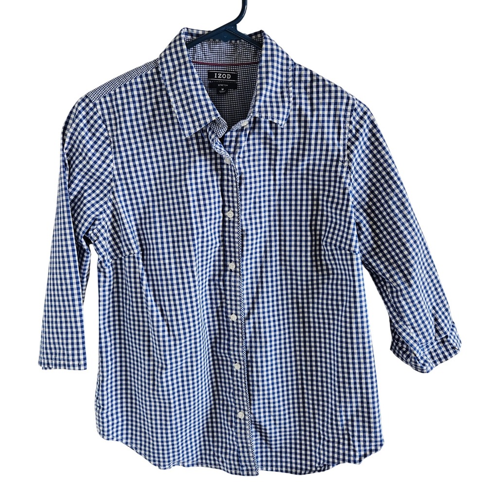 IZOD Women Gingham Button Down Shirt Navy Blue White 3/4 Sleeve Stretch M IWS242